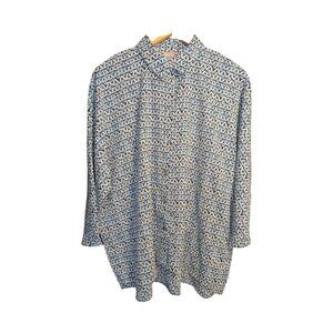 Chicos Top Women's 8/10 Blue Floral Print 3/4 Sleeve Button Up Flowy Lightweight